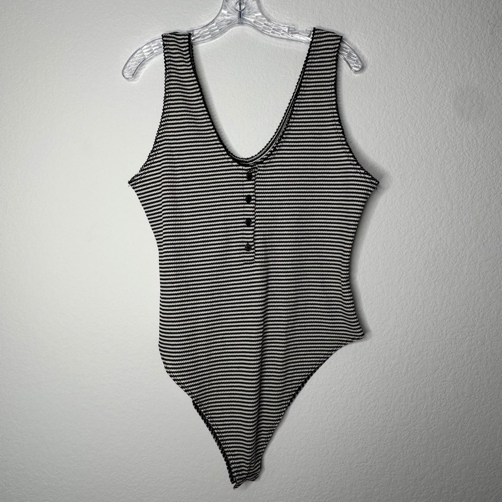 Wild Fable Waffle Knit Henley Bodysuit Snap Black & White Striped Women's Sz XXL
